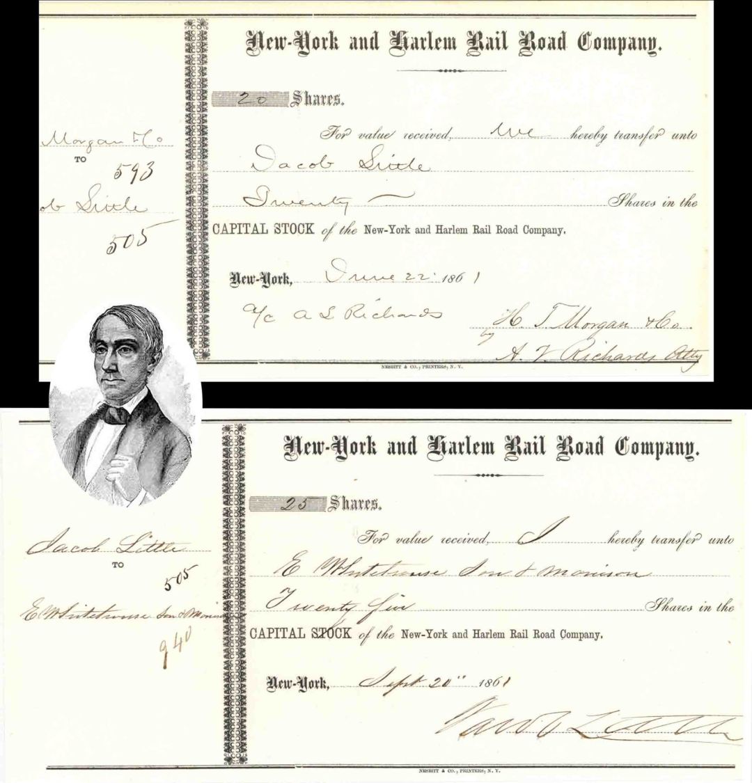 New York and Harlem Rail Road Co. Issued to and Signed by Jacob Little -Pair of 1861 dated Autographed  Railway Stock Certificate