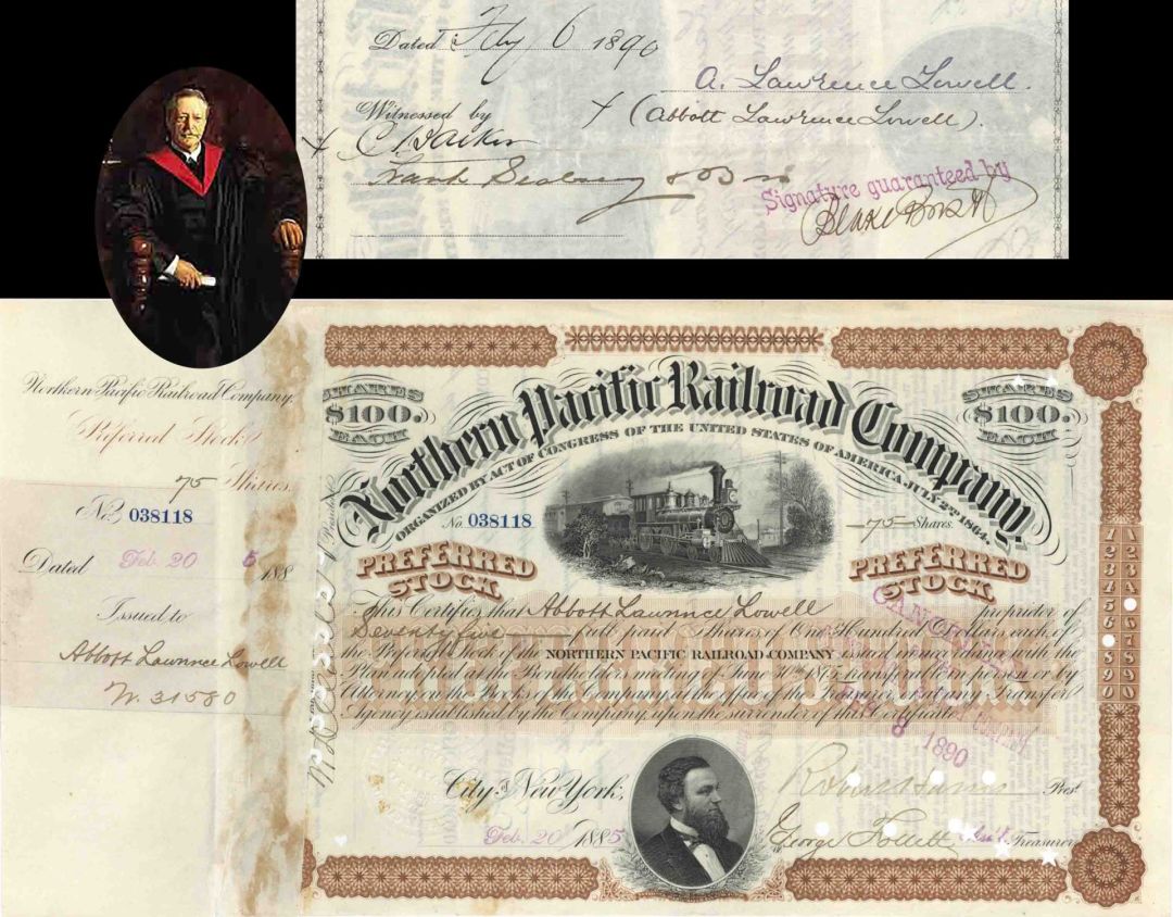 Northern Pacific Railroad Co. Issued to and Signed by Abbott Lawrence Lowell - 1885 dated Autographed Stock Certificate