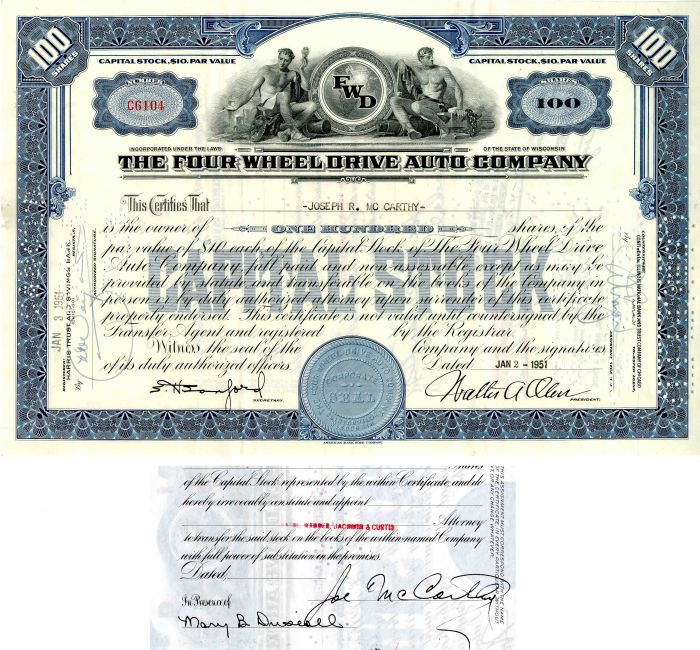 Four Wheel Drive Auto Co. Issued to and Signed by Joseph R. McCarthy - Stock Certificate