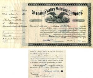 Shenango Valley Railroad Co. Issued to and Signed by Richard K. Mellon - Stock Certificate