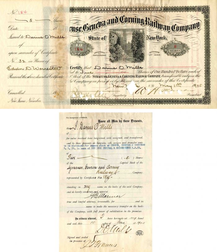 Syracuse, Geneva and Corning Railway Co. Issued to and Signed by D.O. Mills - Stock Certificate