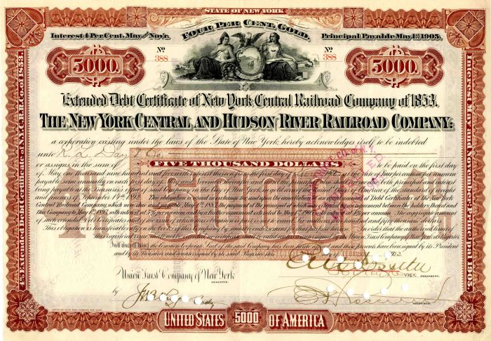 New York Central and Hudson River Railroad Co. Signed by E.V.W. Rossiter - $5,000 Bond