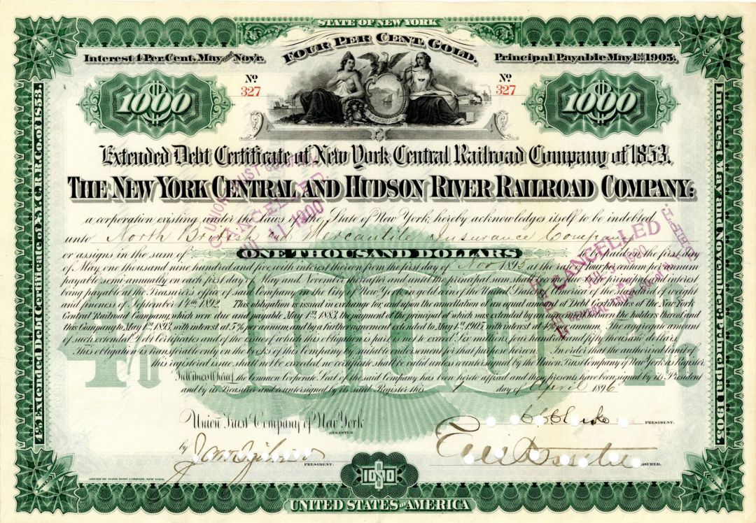 New York Central and Hudson River Railroad Co. Signed by E.V.W. Rossiter - 1893-1902 dated $1,000 Autographed Bond