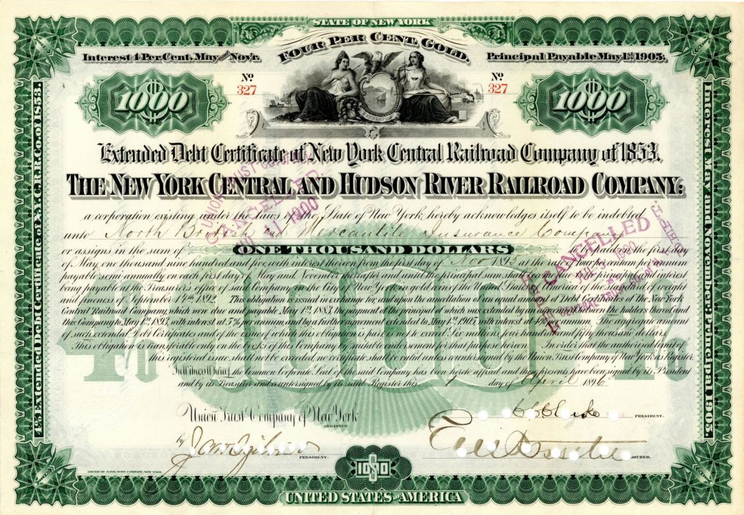 New York Central and Hudson River Railroad Co. Signed by E.V.W. Rossiter - $1,000 Bond