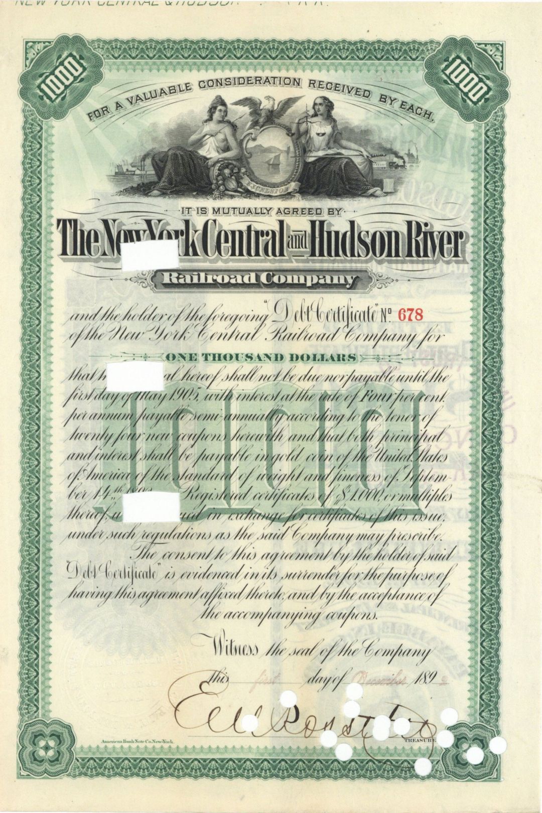 New York Central and Hudson River Railroad Co. Signed by E.V.W. Rossiter - $1,000 or $500 Bond