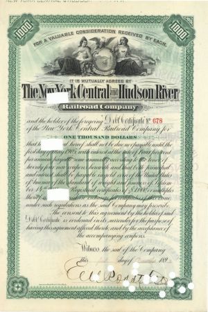 New York Central and Hudson River Railroad Co. Signed by E.V.W. Rossiter - $1,000 or $500 Bond