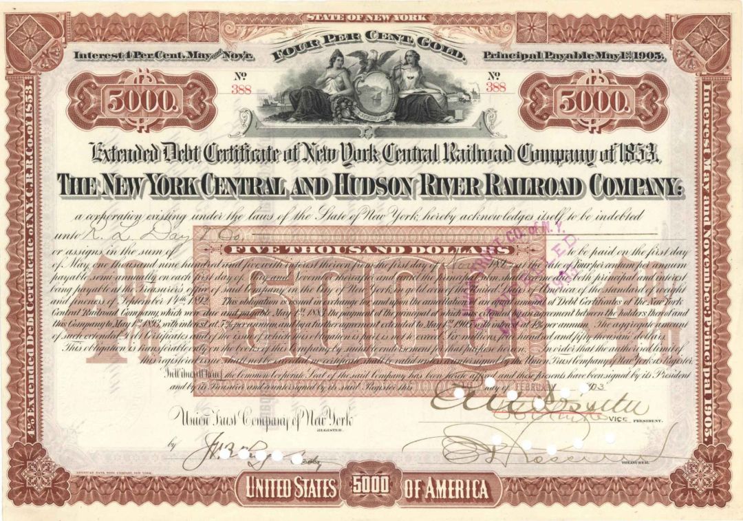 New York Central and Hudson River Railroad Co. Signed by E.V.W. Rossiter - 1903 dated Autographed $5,000 Bond