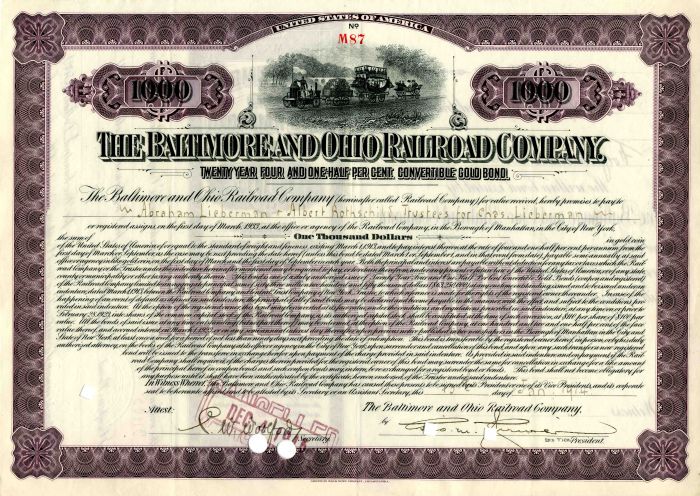 Baltimore and Ohio Railroad Co. Issued to Albert Rothschild, Trustee - $1,000 Bond