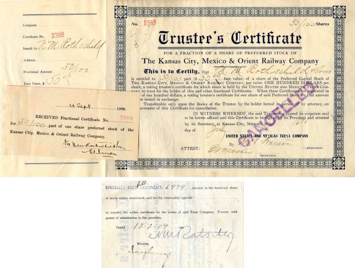 Kansas City, Mexico and Orient Railway Co. Issued to N.M. Rothschild and Sons and Signed by N.M. Rothschild - Stock Certificate