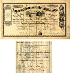 Augusta and Summerville Rail Road Co. Issued to and Signed by Thos. F. Ryan- Stock Certificate