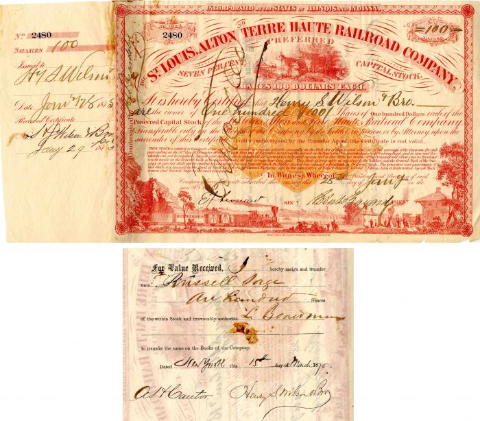 St. Louis, Alton and Terre Haute Railroad Co. Transferred to Russell Sage - Stock Certificate