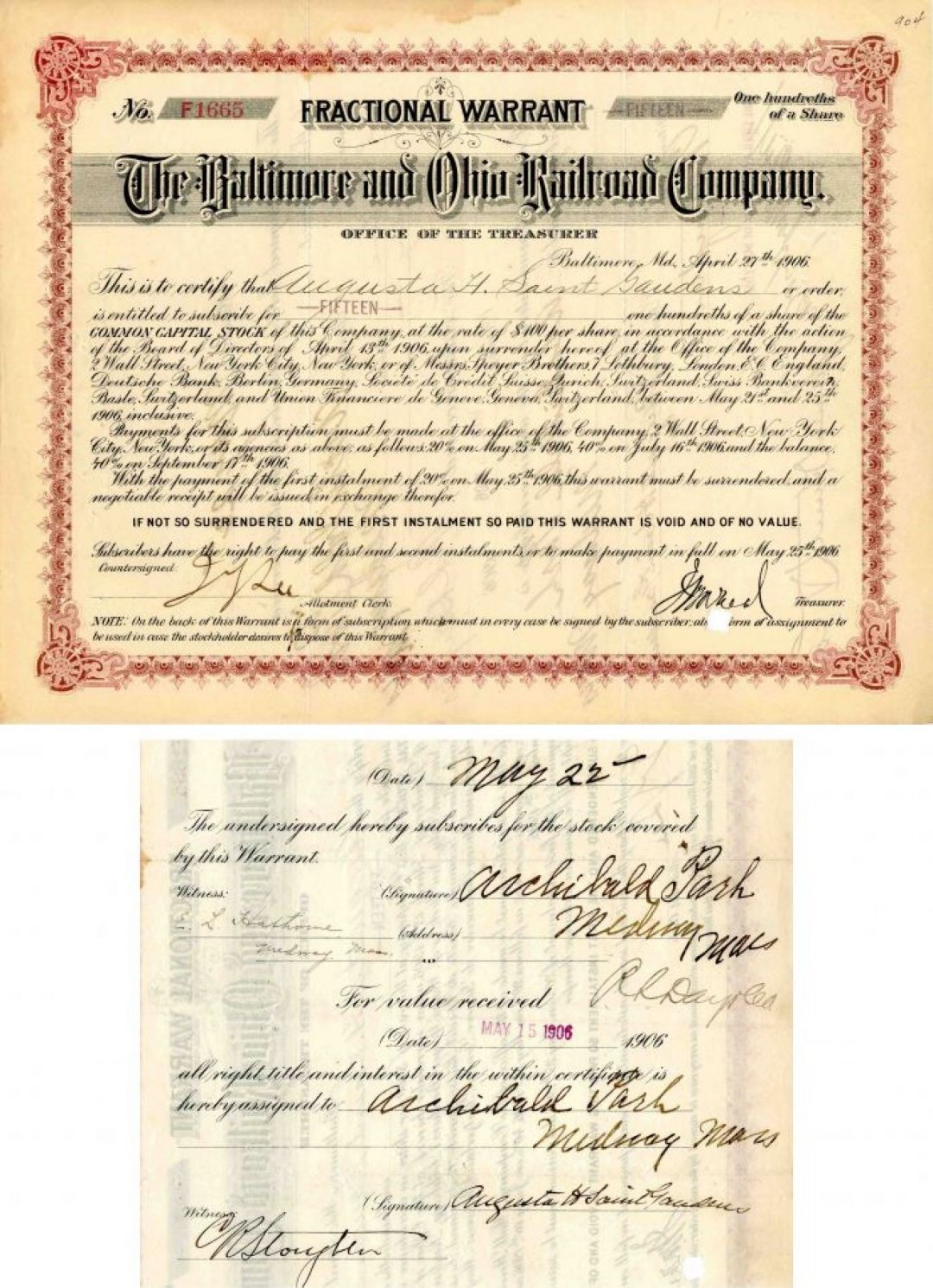 Baltimore and Ohio Railroad Co. Issued to and Signed by Augusta H. Saint-Gaudens - Autograph Stock Certificate