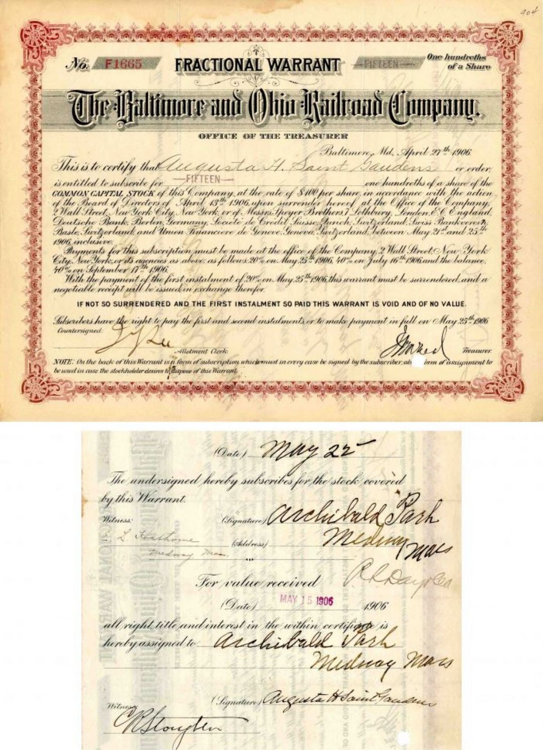 Baltimore and Ohio Railroad Co. Issued to and Signed by Augusta H. Saint-Gaudens - Autograph Stock Certificate