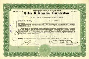 Colin B. Kennedy Corporation signed by Clement Studebaker III - Stock Certificate