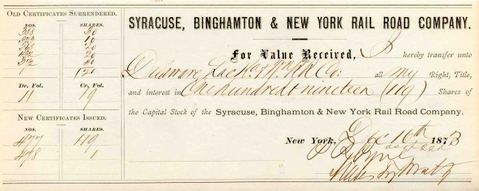 Syracuse, Binghamton and New York Rail Road Co. Transfer signed by Moses Taylor - Share Transfer