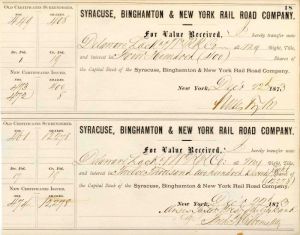 Syracuse, Binghamton and New York Rail Road Co. Transfer Sheets signed by Moses Taylor - Share Transfer