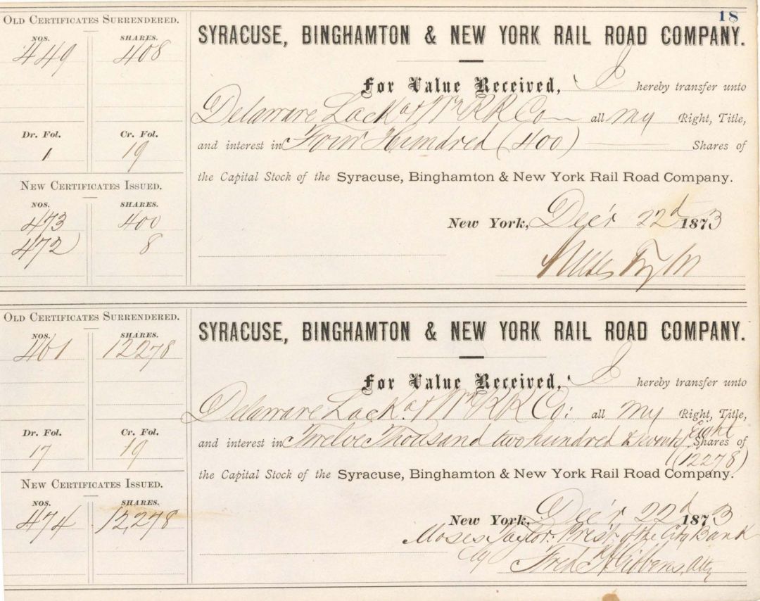 Uncut Pair of Syracuse, Binghamton and New York Rail Road Co. Transfer Sheets signed by Moses Taylor - 1873 dated Share Transfer