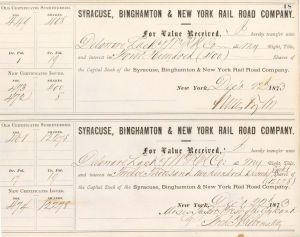Uncut Pair of Syracuse, Binghamton and New York Rail Road Co. Transfer Sheets signed by Moses Taylor - 1873 dated Share Transfer