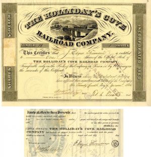 Holliday's Cove Railroad Co. Issued to and Signed by J. Edgar Thomson - Stock Certificate