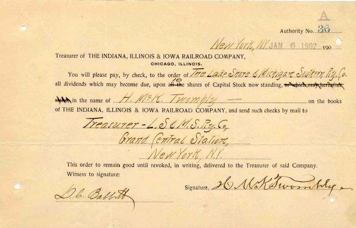 Indiana, Illinois and Iowa Railroad Co. Issued to and Signed by Hamilton McKown Twombly - Stock Certificate