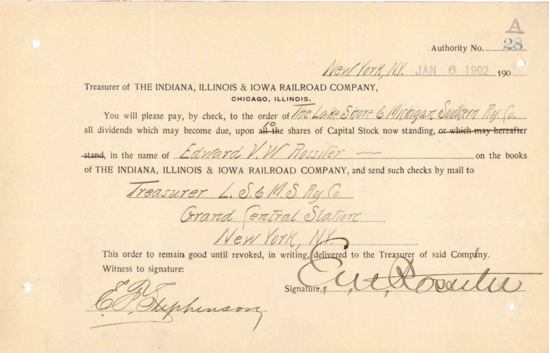 Indiana, Illinois and Iowa Railroad Co. Issued to and Signed by Edward V.W. Rossiter - 1902 dated Autographed Stock Certificate