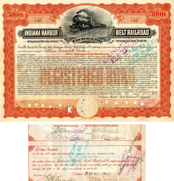 Indiana Harbor Belt Railroad Co. Issued to and Signed by Cathleen Vanderbilt Cushing - $5,000 Bond