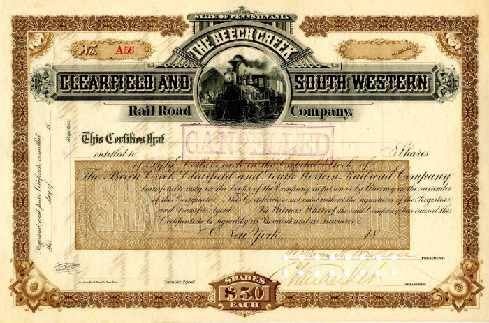 Beech Creek, Clearfield and South Western Rail Road Co. Signed by Cornelius Vanderbilt - Stock Certificate (Uncanceled)
