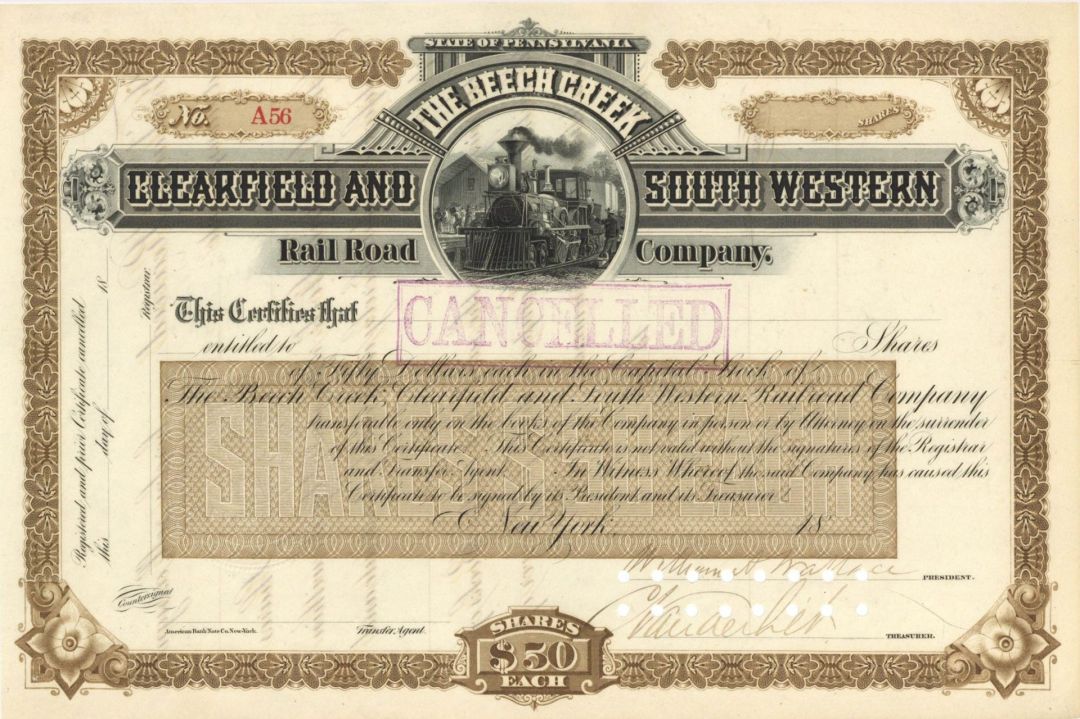 Beech Creek, Clearfield and South Western Rail Road Co. Signed by Cornelius Vanderbilt - 18-- dated Autographed Unissued Stock Certificate (Uncanceled)
