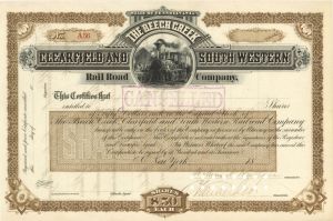 Beech Creek, Clearfield and South Western Rail Road Co. Signed by Cornelius Vanderbilt - 18-- dated Autographed Unissued Stock Certificate (Uncanceled)
