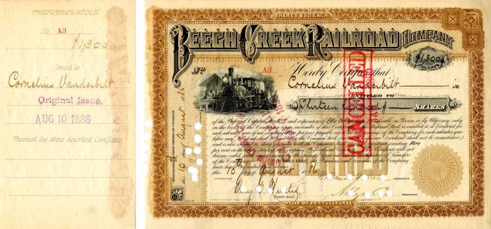 Beech Creek Railroad Co. Issued to Cornelius Vanderbilt - Stock Certificate