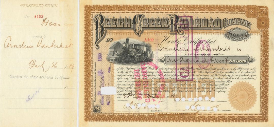 Beech Creek Railroad Co. Issued to Cornelius Vanderbilt - Stock Certificate