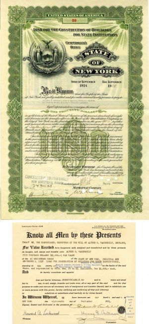 State of New York Transfer signed by Frederick W. Vanderbilt - $1,000 Bond