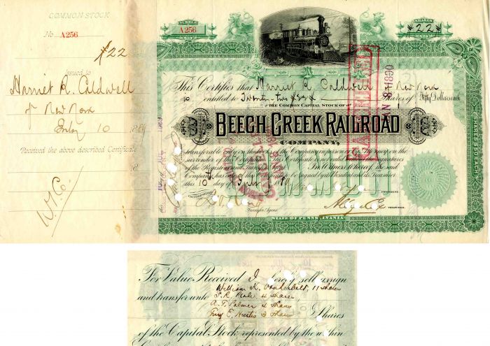 Beech Creek Railroad Co. transferred to Wm. K Vanderbilt - Stock Certificate