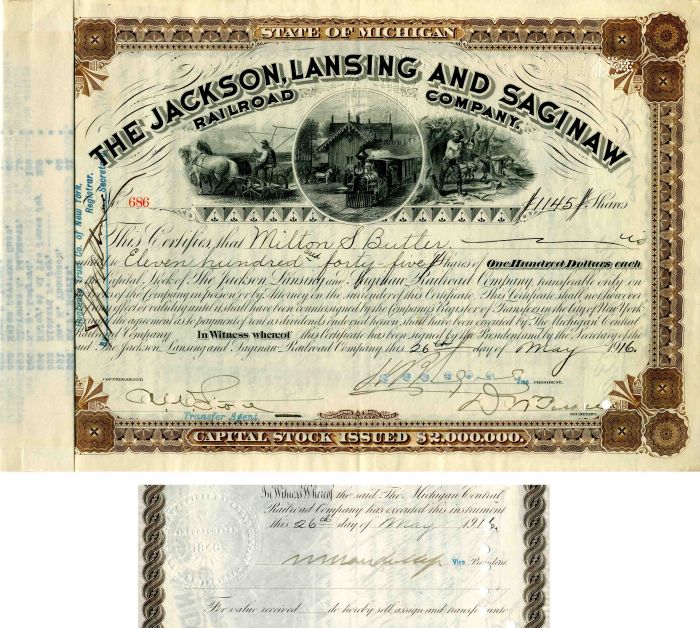 Jackson, Lansing and Saginaw Railroad Co. Signed by William K Vanderbilt - Stock Certificate