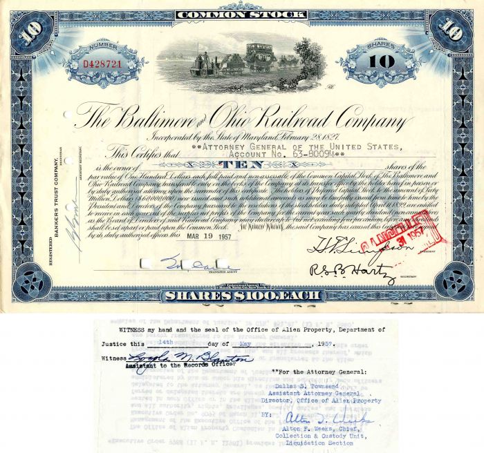 Baltimore and Ohio Railroad Co. Issued to and Signed Attorney General of the United States- Stock Certificate