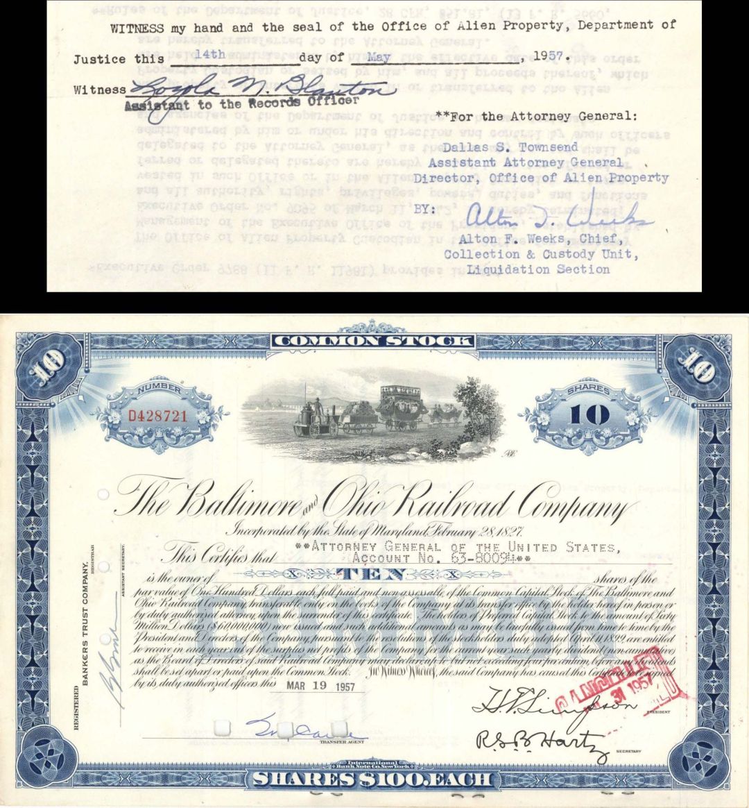 Baltimore and Ohio Railroad Co. Issued to and Signed Attorney General of the United States- 1957 dated Autographed Stock Certificate