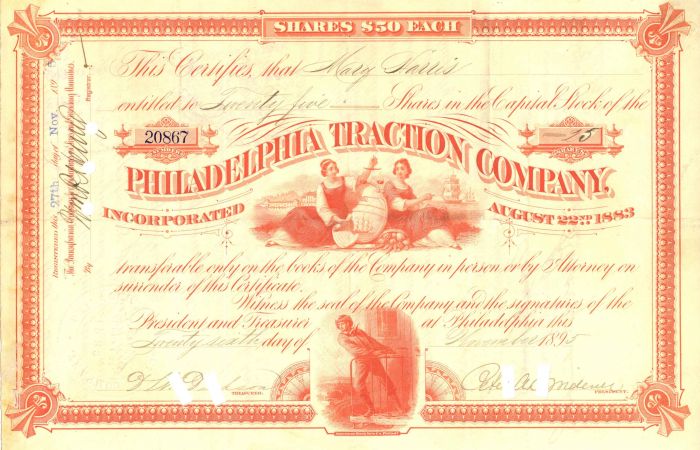 Philadelphia Traction Co. signed by Peter A.B. Widener - Autograph Stock Certificate