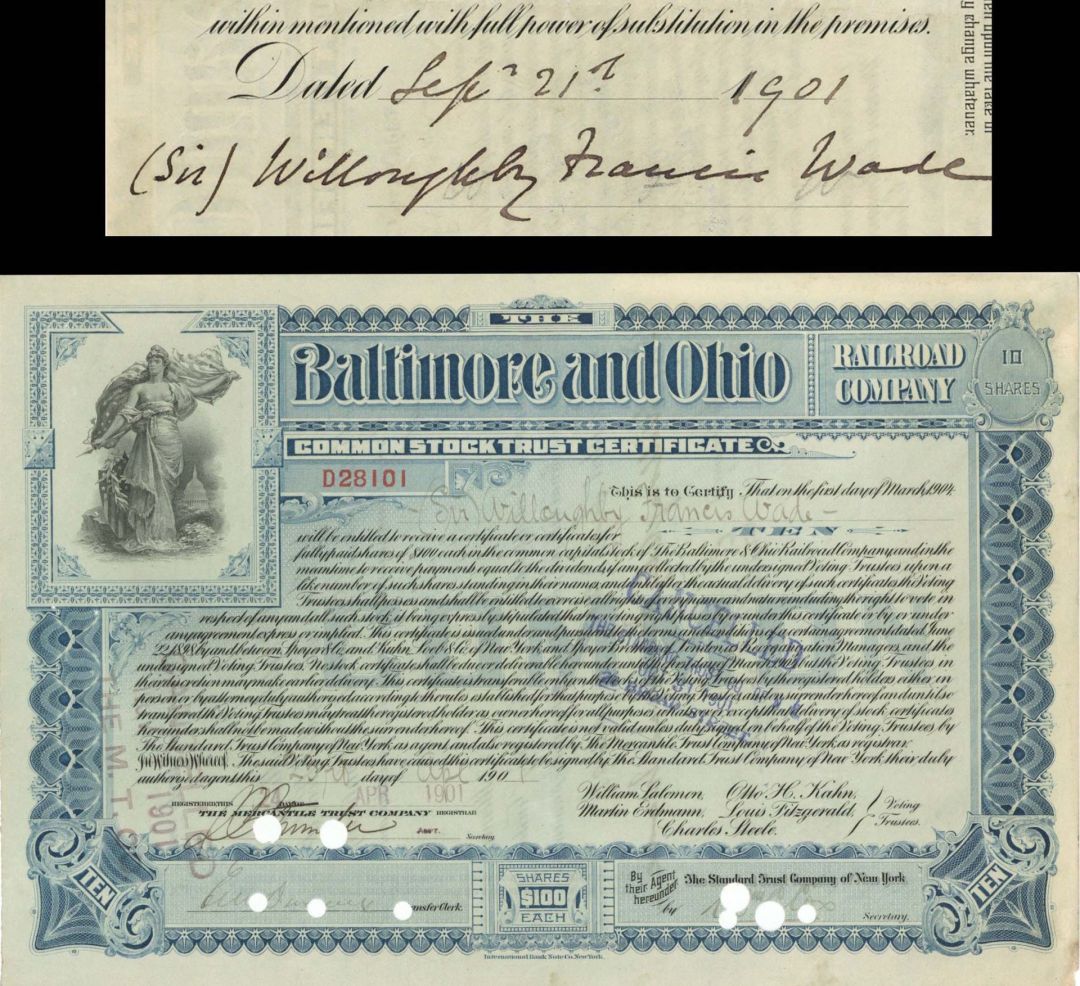 Baltimore and Ohio Railroad Co. Issued to and Signed by Sir Willoughby Francis Wade - 1901 dated Autographed Stock Certificate