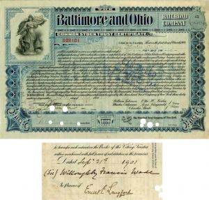 Baltimore and Ohio Railroad Co. Issued to and Signed by Sir Willoughby Francis Wade - Stock Certificate