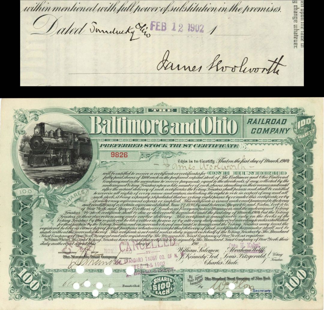 Baltimore and Ohio Railroad Co. Issued to and Signed by James Woolworth - 1900 and 1902 dated Autographed Stock Certificate