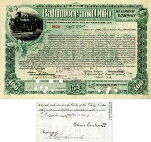 Baltimore and Ohio Railroad Co. Issued to and Signed by James Woolworth - Stock Certificate