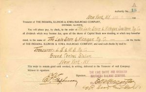 Indiana, Illinois and Iowa Railroad Co. Signed by E.D. Worcester - Stock Certificate