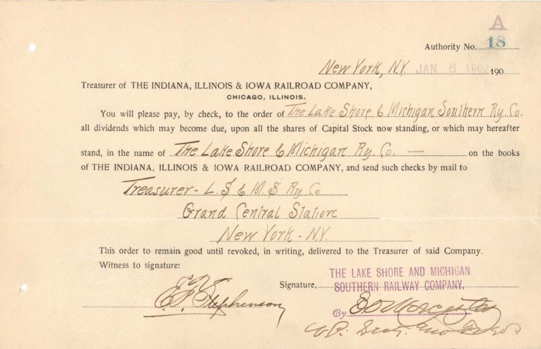 Indiana, Illinois and Iowa Railroad Co. Signed by E.D. Worcester - 1902 dated Autographed Stock Certificate