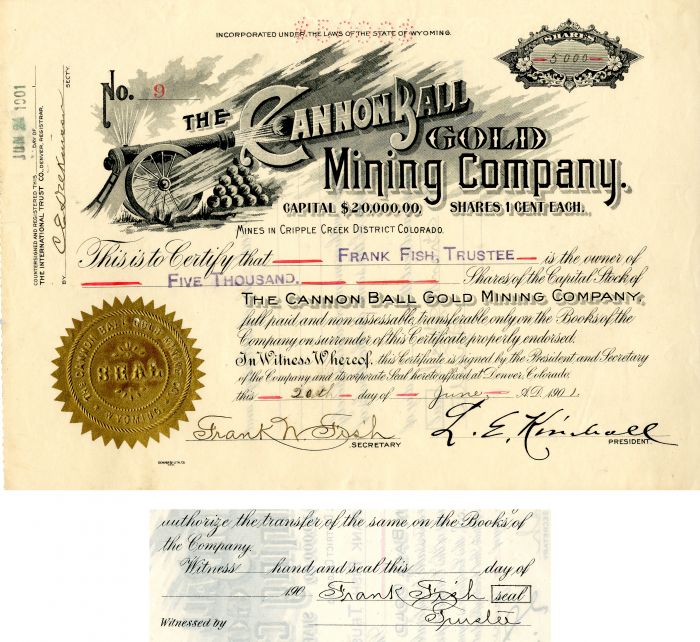 Cannonball Gold Mining Co. - Stock Certificate