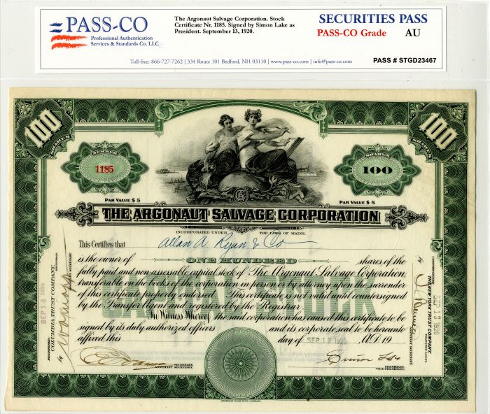 Argonaut Salvage Corporation signed by Simon Lake - Stock Certificate