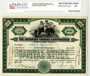 Argonaut Salvage Corporation signed by Simon Lake - 1920 dated Autograph Stock Certificate