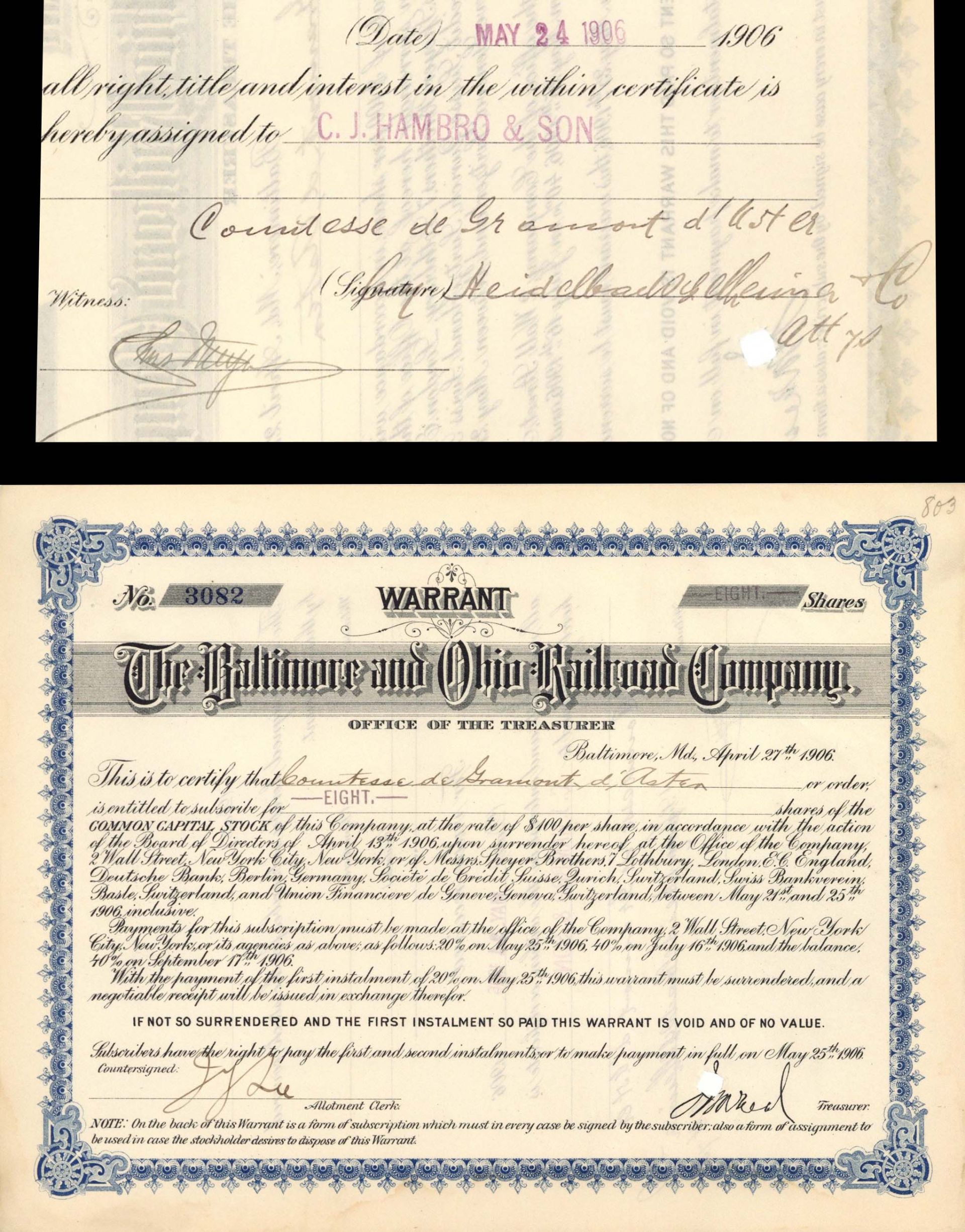 Baltimore and Ohio Railroad Co. Issued to Countesse de Gramont d'Aster