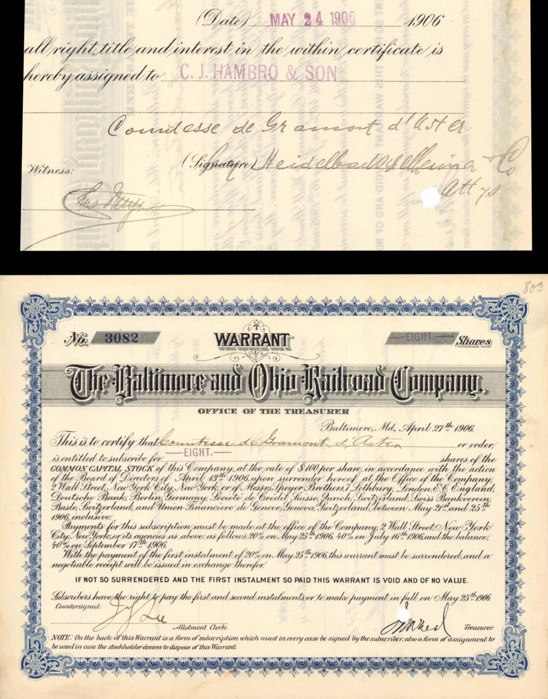 Baltimore and Ohio Railroad Co. Issued to Countesse de Gramont d'Aster - 1906 dated Stock Certificate