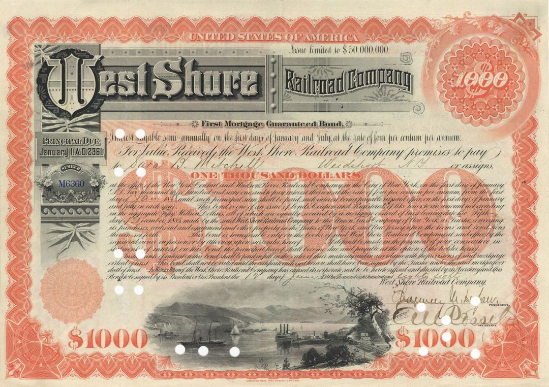 West Shore Railroad Co. signed by Chauncey M. Depew and E.V.W. Rossiter - 1888 or 1890 dated Autographed Stocks and Bonds