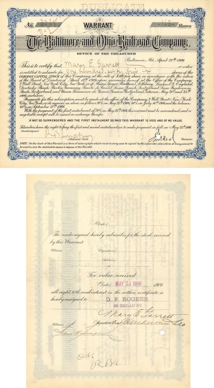 Baltimore and Ohio Railroad Co. Issued to Mary E. Garrett - Warrant Certificate